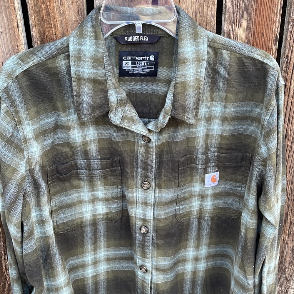 Carhartt 2X Plaid Flannel Shirt Green Rugged Flex Loose Fit Ladies Soft Long Slv - Picture 4 of 7